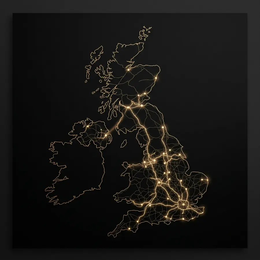 Stylised map of the UK with gold route lines connecting towns and cities